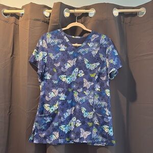 Women’s Blue Butterfly Print Dual-Pocket Scrub Top